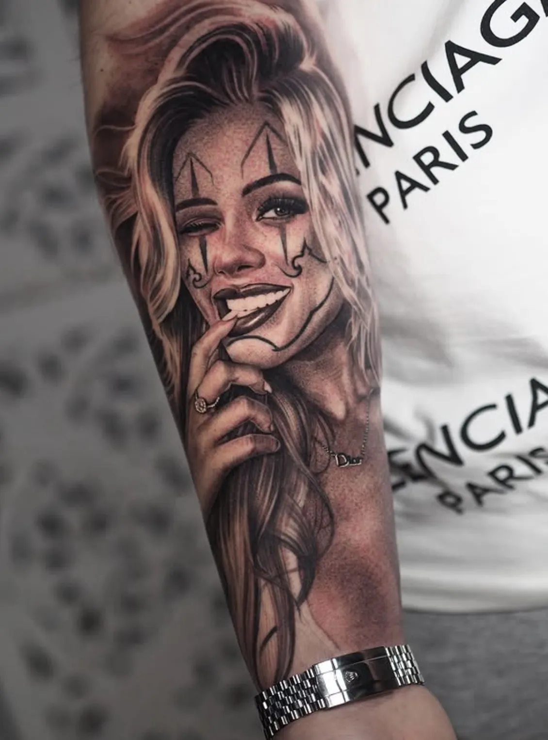 Detailed sleeve tattoo Melbourne featuring modern female portrait with artistic makeup design